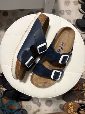 Birkenstock Navy Leather Two-Strap Sandals with White Buckles